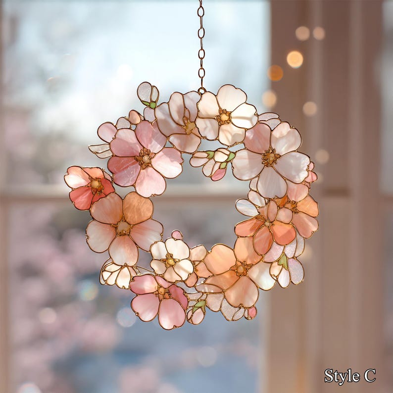Wreath Suncatcher Faux Stained Glass Flower Spring Garden Decor