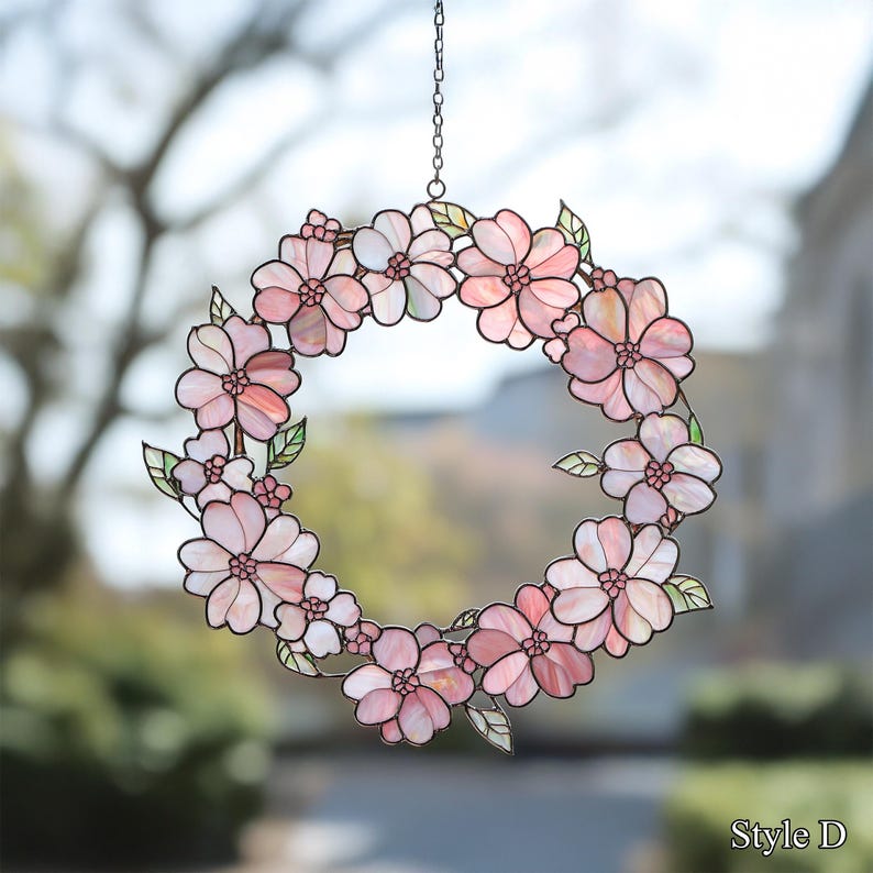 Wreath Suncatcher Faux Stained Glass Flower Spring Garden Decor