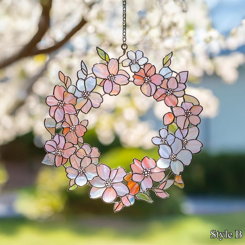 Wreath Suncatcher Faux Stained Glass Flower Spring Garden Decor