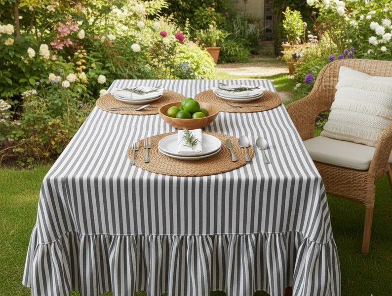 Striped Ruffled Linen Tablecloth | Boho Farmhouse Table Cover | Rustic Dining Table Linen | Custom Size Tablecloth | Cottagecore Decor