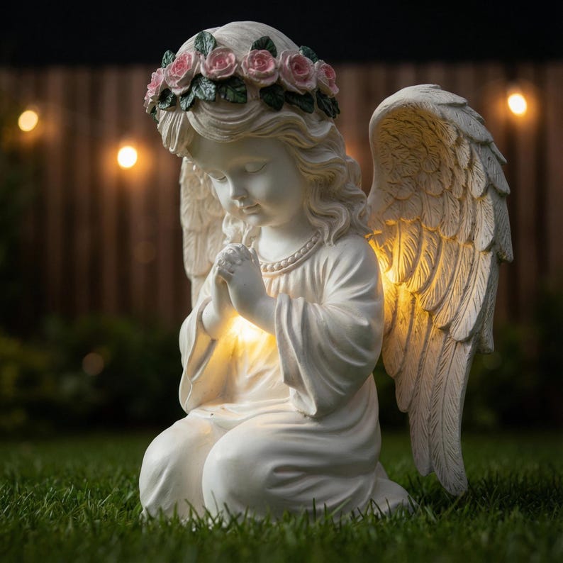 Solar Garden Statue Light Angel White Resin with Flower Crown