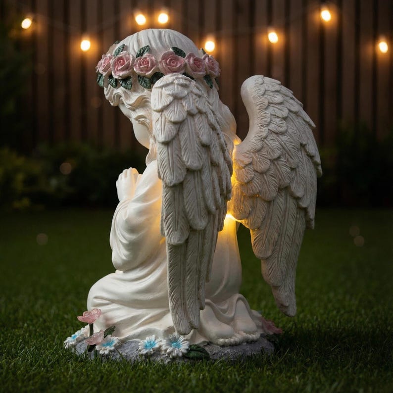 Solar Garden Statue Light Angel White Resin with Flower Crown