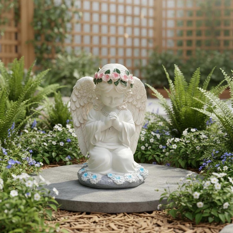 Solar Garden Statue Light Angel White Resin with Flower Crown