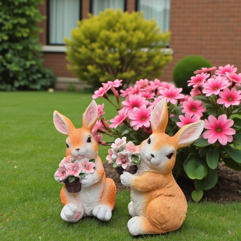 Solar Garden Statue Light Rabbit Resin Flower Courtyard Decoration