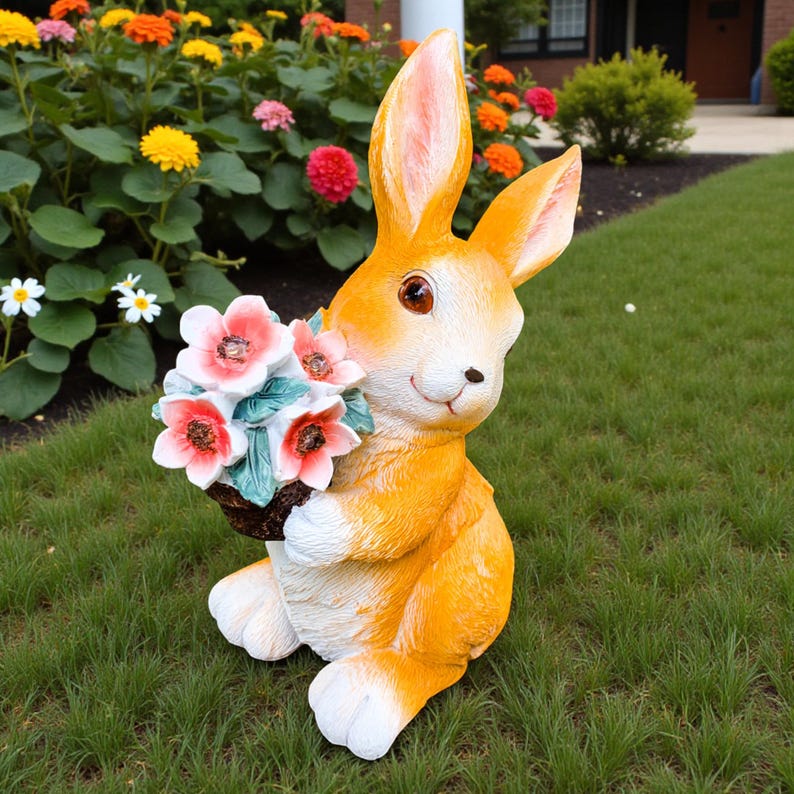 Solar Garden Statue Light Rabbit Resin Flower Courtyard Decoration