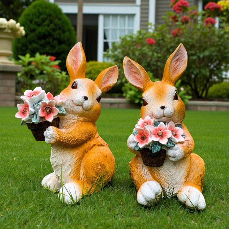 Solar Garden Statue Light Rabbit Resin Flower Courtyard Decoration