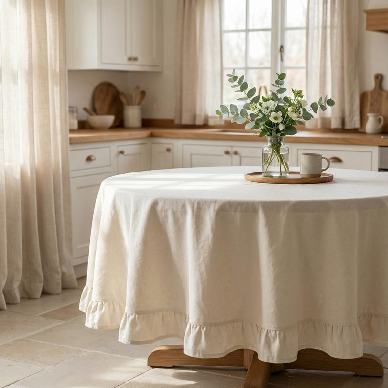 Ruffle Tablecloth Round Vintage Linen Holiday Dining Room Decor