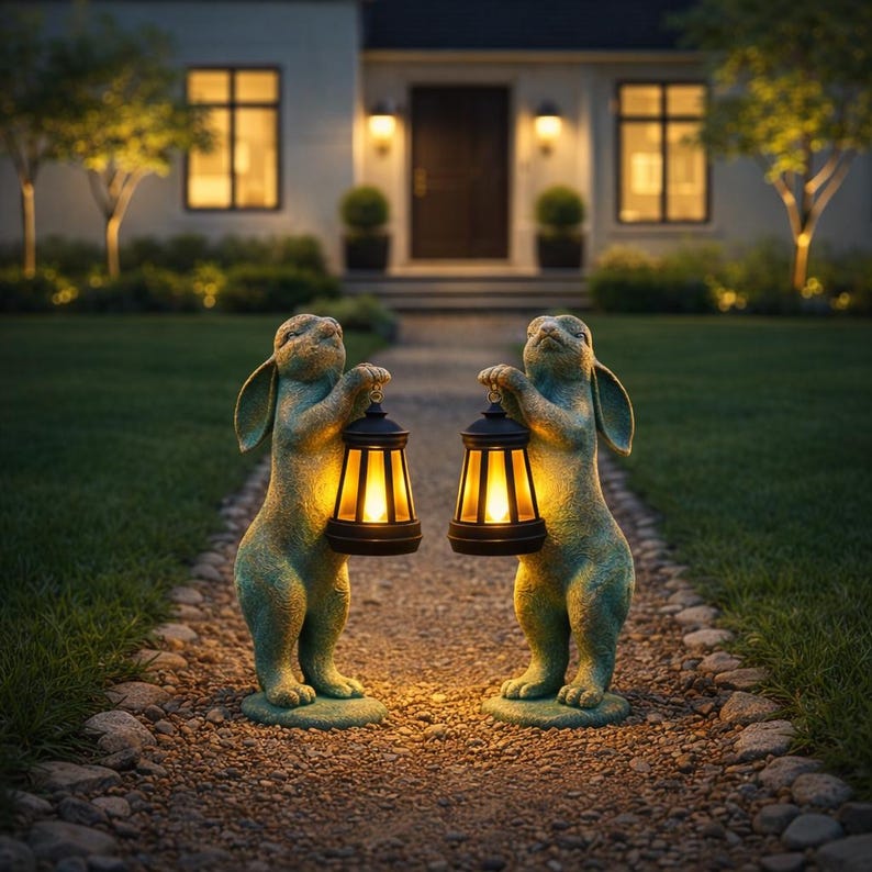 Solar Garden Statue Light Rabbit Hand Painted Bunny Yard Decor