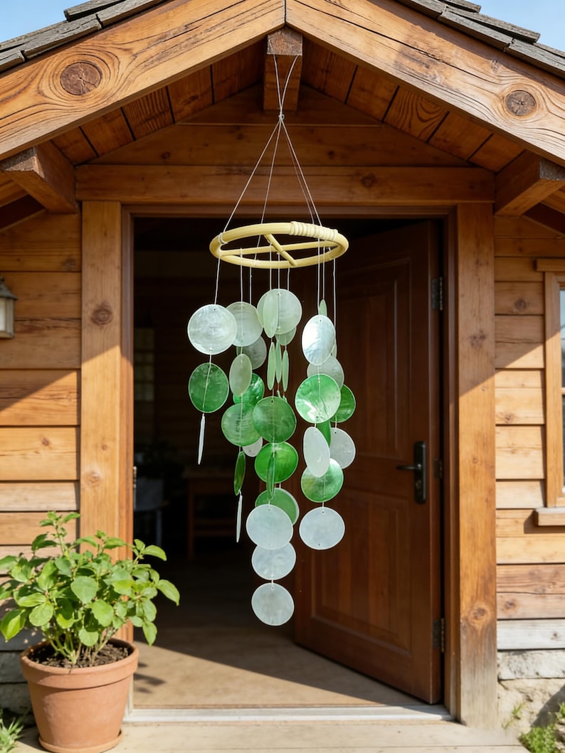 Blue and White Seashell Wind Chime Ocean Breeze Beach House Decor