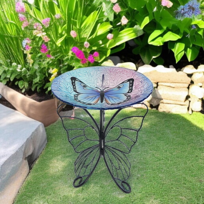18" Blue Butterfly Glass Bird Bath Feeder with Stand