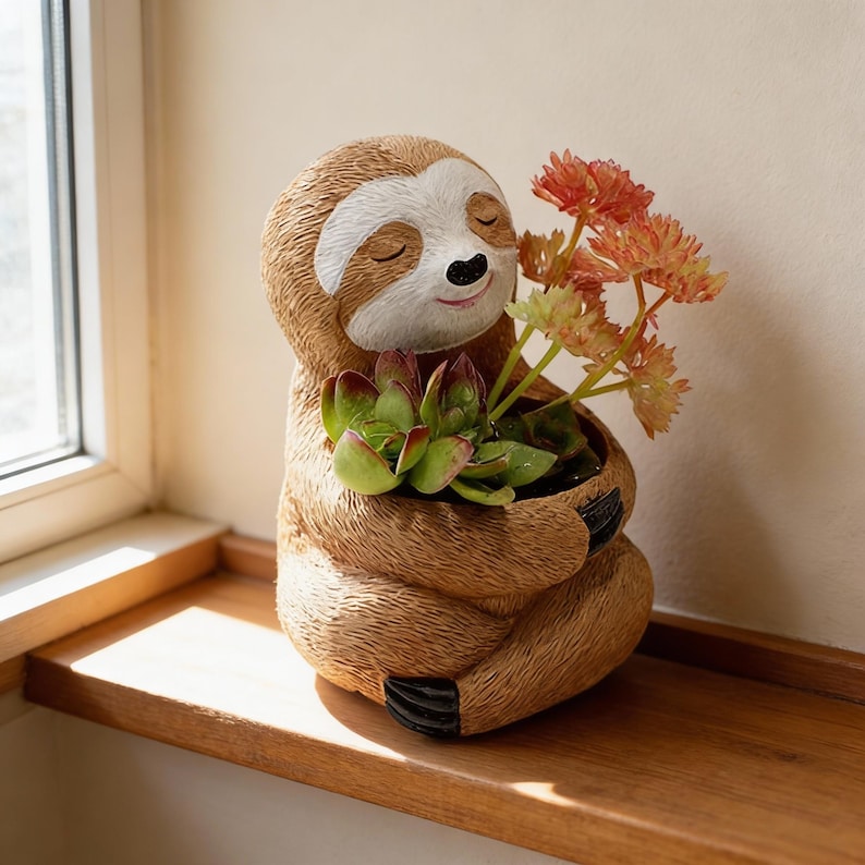 Sloth and Black Cat Planter Resin Succulent Pot Animal Desk Decor