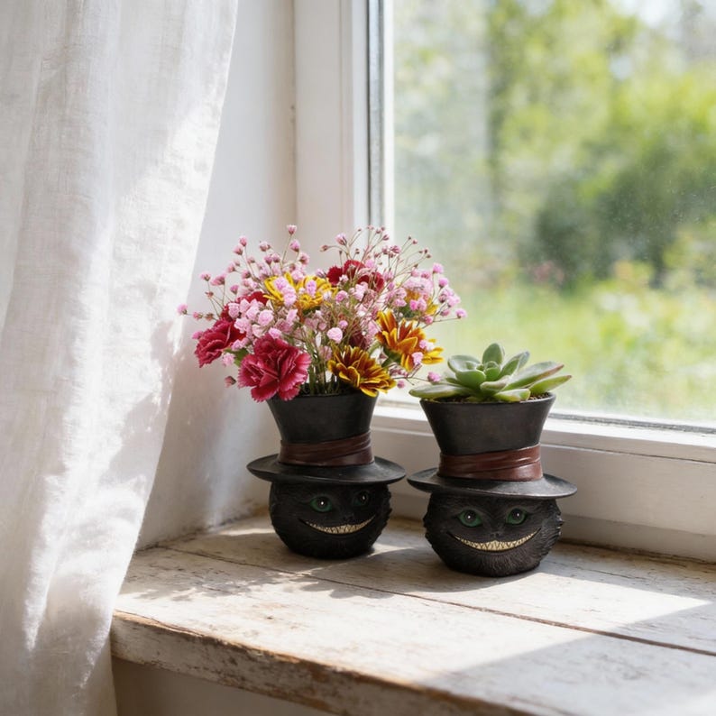 Sloth and Black Cat Planter Resin Succulent Pot Animal Desk Decor