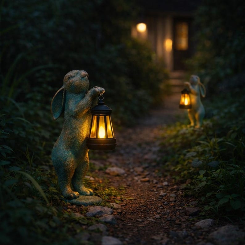 Solar Garden Statue Light Rabbit Hand Painted Bunny Yard Decor