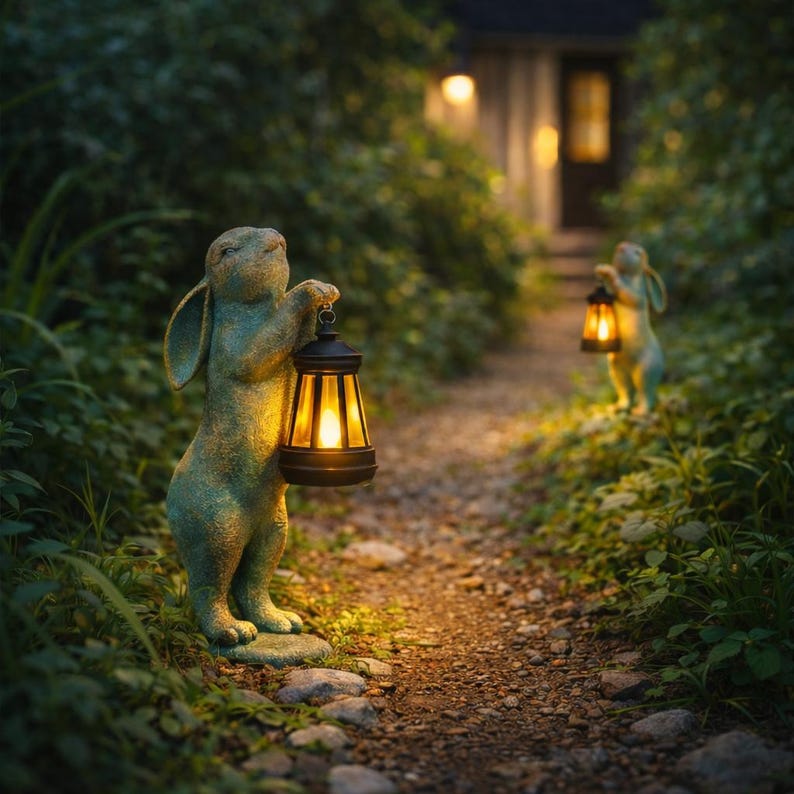 Solar Garden Statue Light Rabbit Hand Painted Bunny Yard Decor