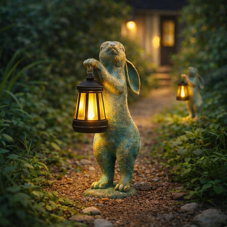 Solar Garden Statue Light Rabbit Hand Painted Bunny Yard Decor