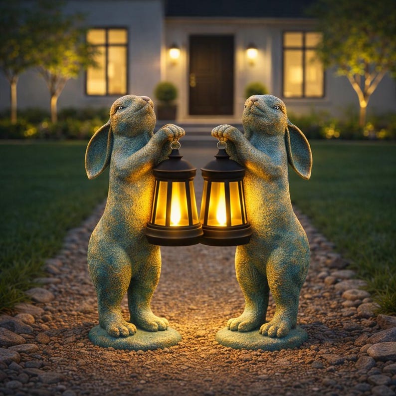 Solar Garden Statue Light Rabbit Hand Painted Bunny Yard Decor