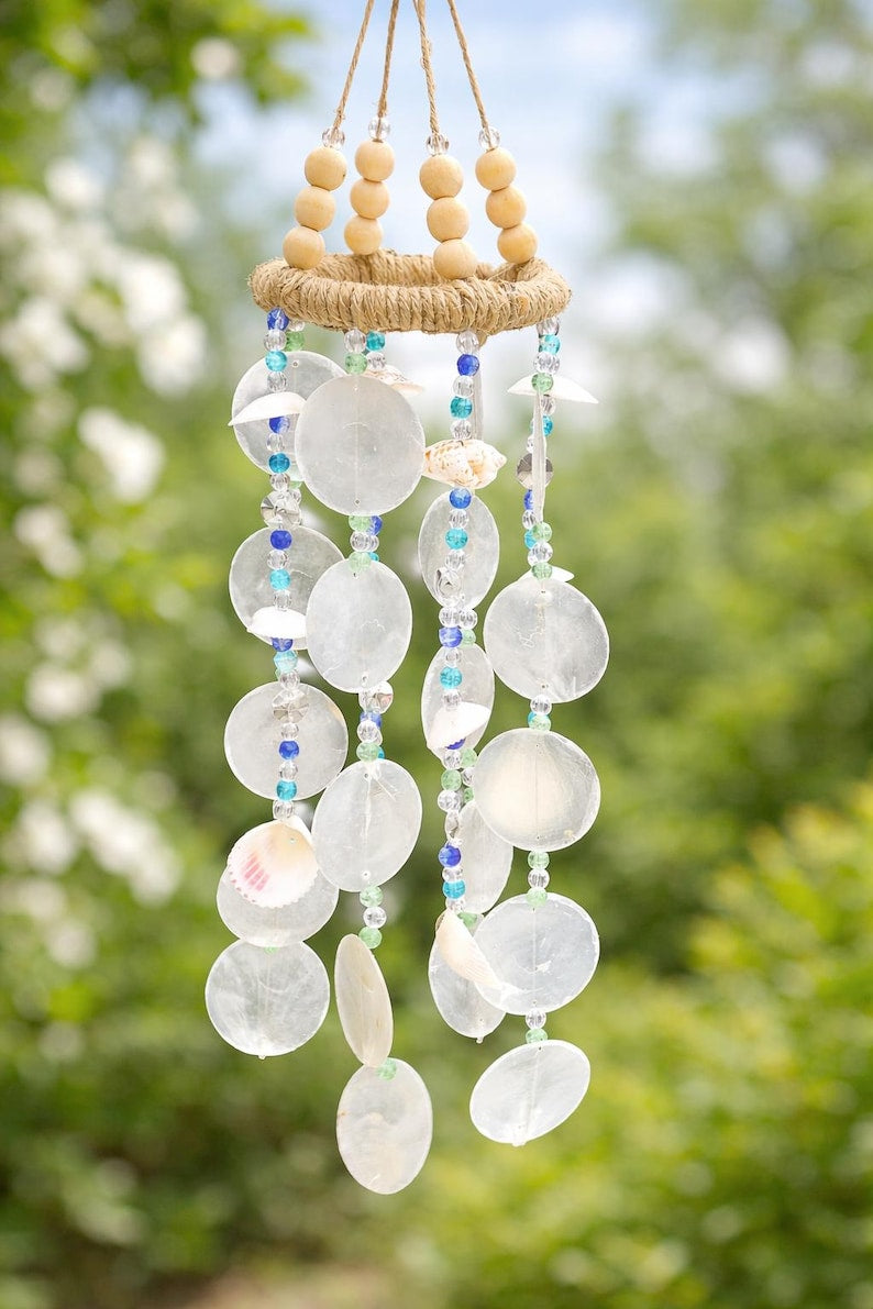 Capiz Shell Wind Chime Coastal Natural Shell Bead Beach House Decor