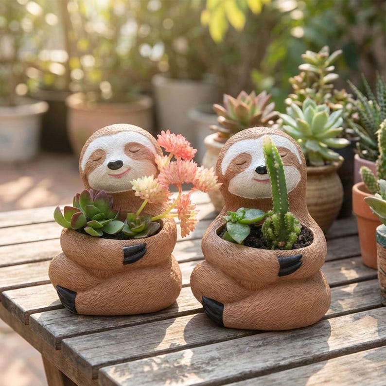 Sloth and Black Cat Planter Resin Succulent Pot Animal Desk Decor