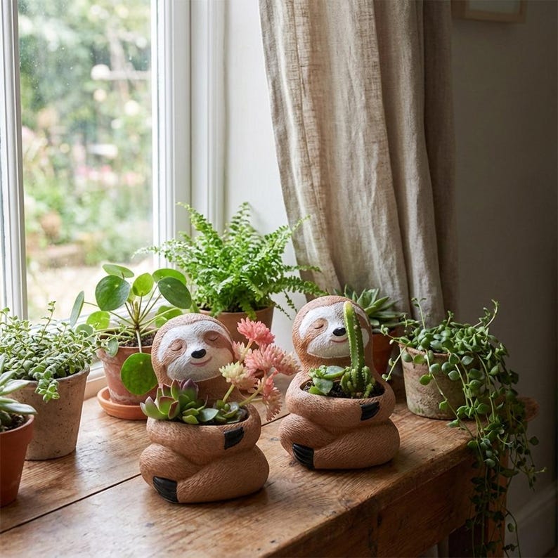 Sloth and Black Cat Planter Resin Succulent Pot Animal Desk Decor