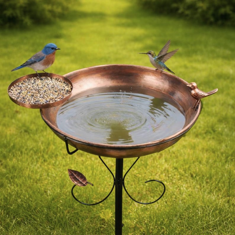 35" Metal Birdbath with Feeder Bowl | Weather Resistant Garden Decor