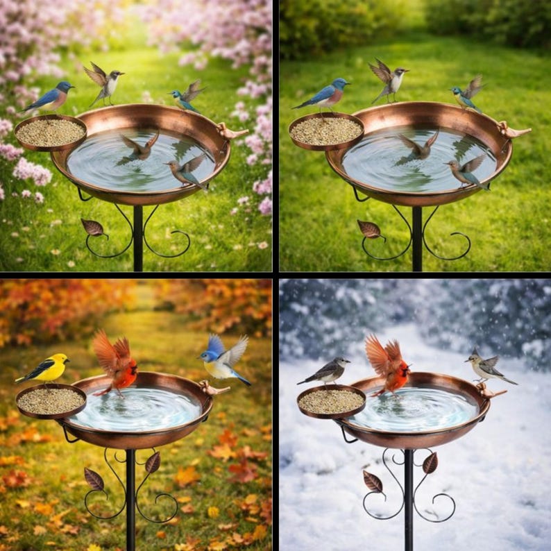 35" Metal Birdbath with Feeder Bowl | Weather Resistant Garden Decor