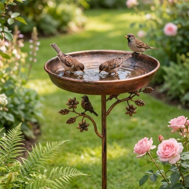 Vintage Bronze Metal Bird Bath Feeder Rustic Garden Decoration