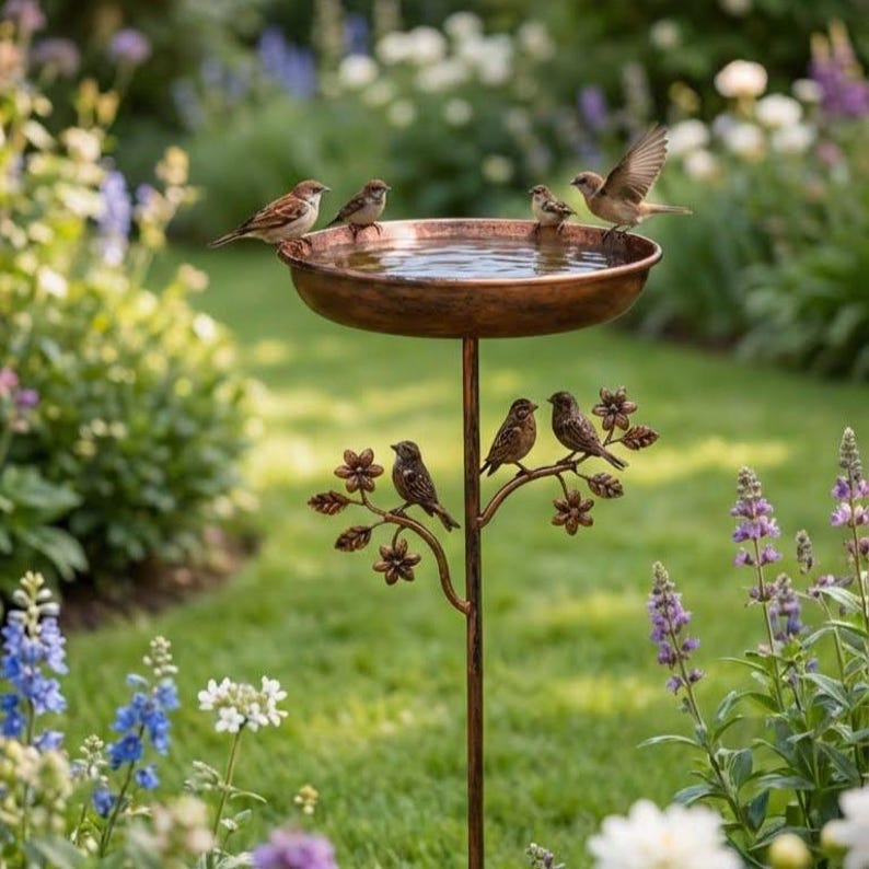 Vintage Bronze Metal Bird Bath Feeder Rustic Garden Decoration