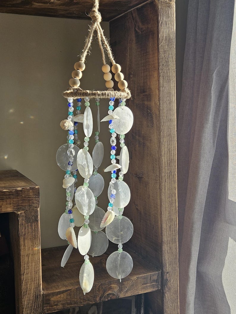 Capiz Shell Wind Chime Coastal Natural Shell Bead Beach House Decor