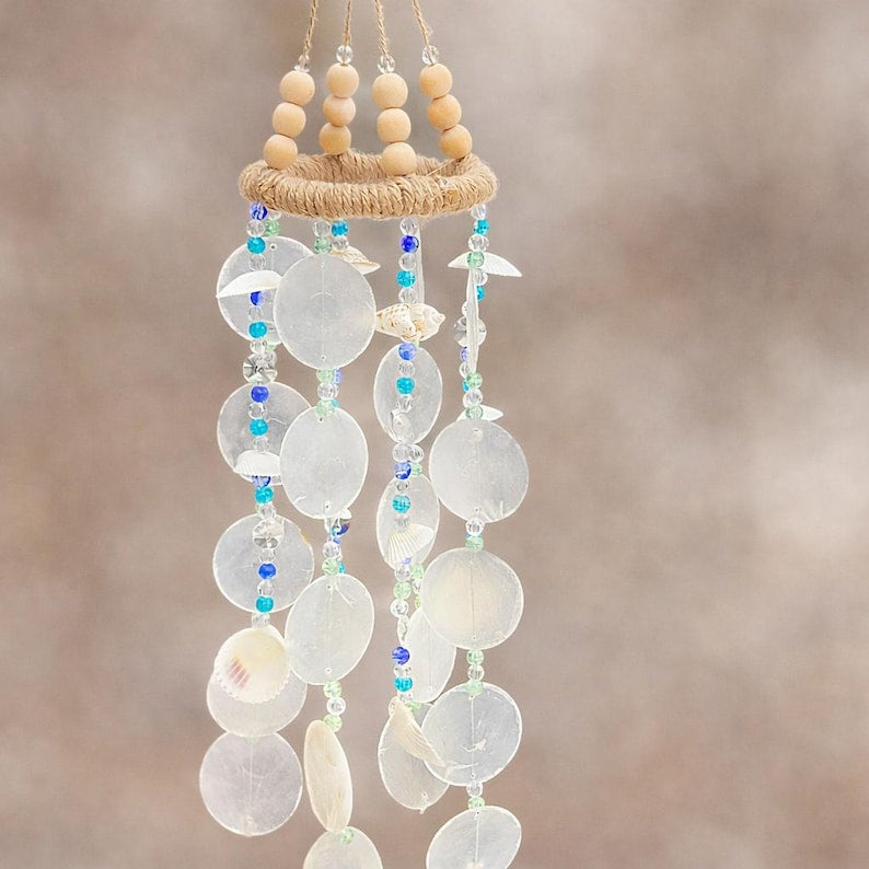 Capiz Shell Wind Chime Coastal Natural Shell Bead Beach House Decor