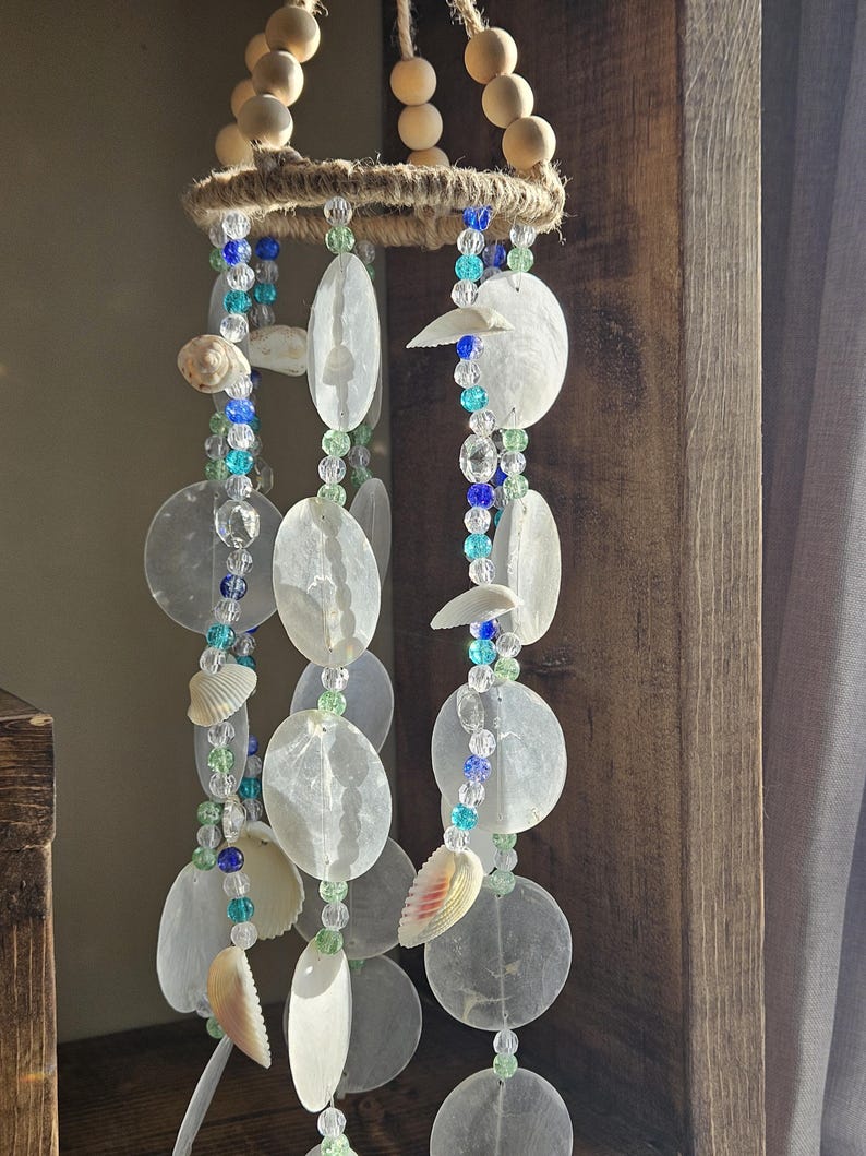 Capiz Shell Wind Chime Coastal Natural Shell Bead Beach House Decor