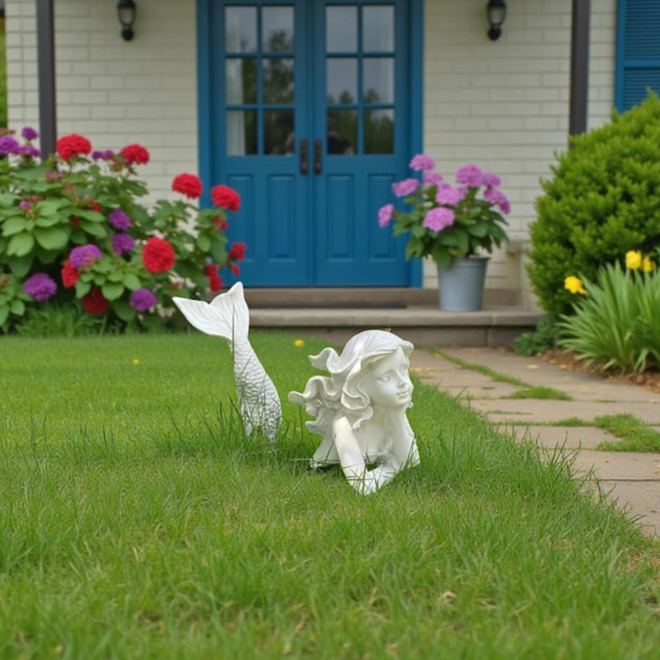 Resin Mermaid Garden Statue Set Coastal Outdoor Decor 2-Piece