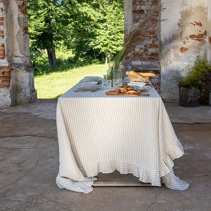 Pinstriped Linen Tablecloth with Ruffles Natural Light Dining Room Decor