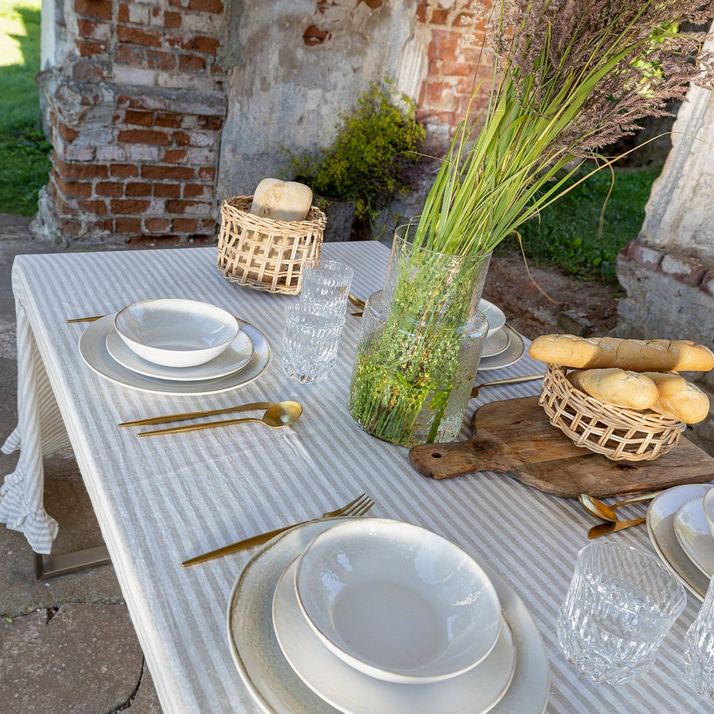 Pinstriped Linen Tablecloth with Ruffles Natural Light Dining Room Decor