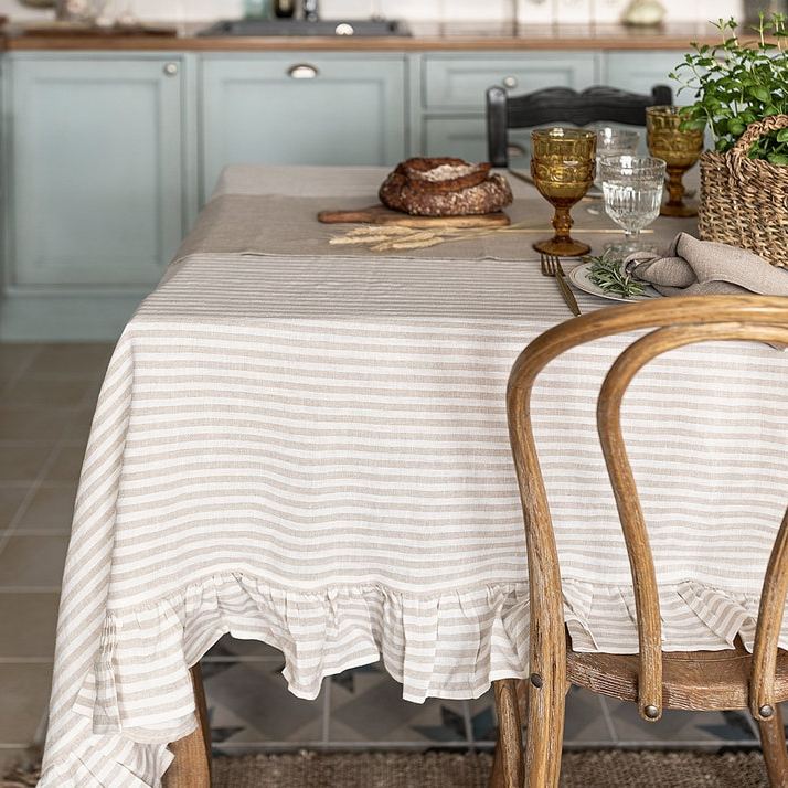 Pinstriped Linen Tablecloth with Ruffles Natural Light Dining Room Decor