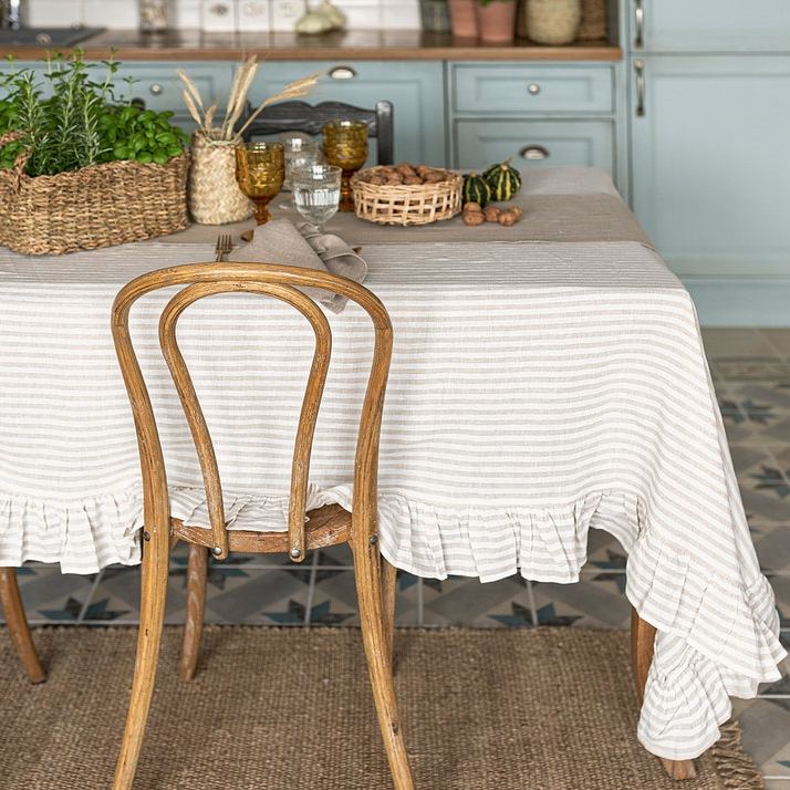 Pinstriped Linen Tablecloth with Ruffles Natural Light Dining Room Decor