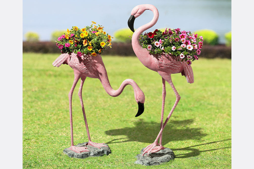 Tropical Flamingo Planters Pair Decorative Garden Patio Plant Pots