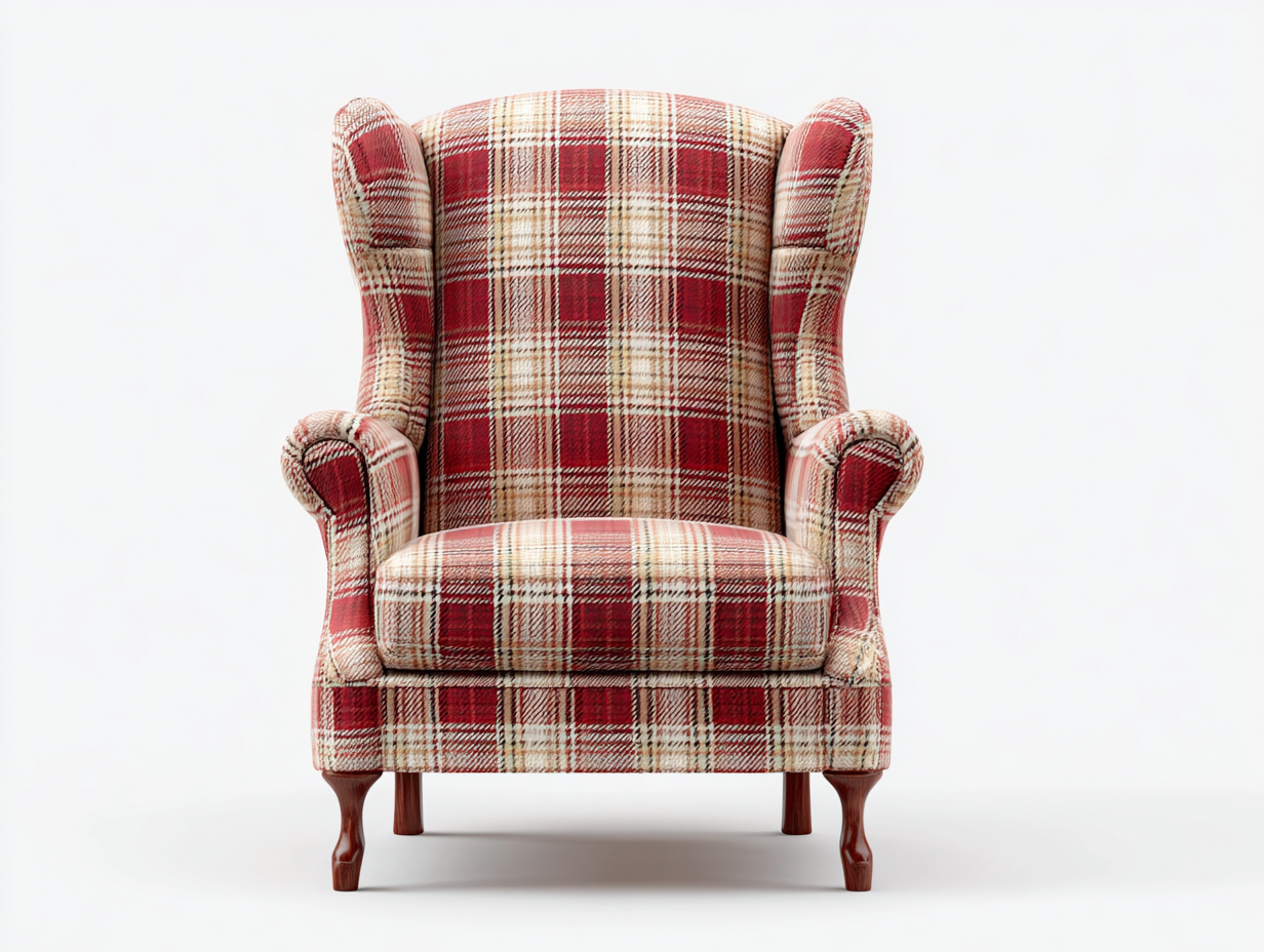 Armchair fabric upholstery 36x34x42 inches - red beige plaid - classic wingback design