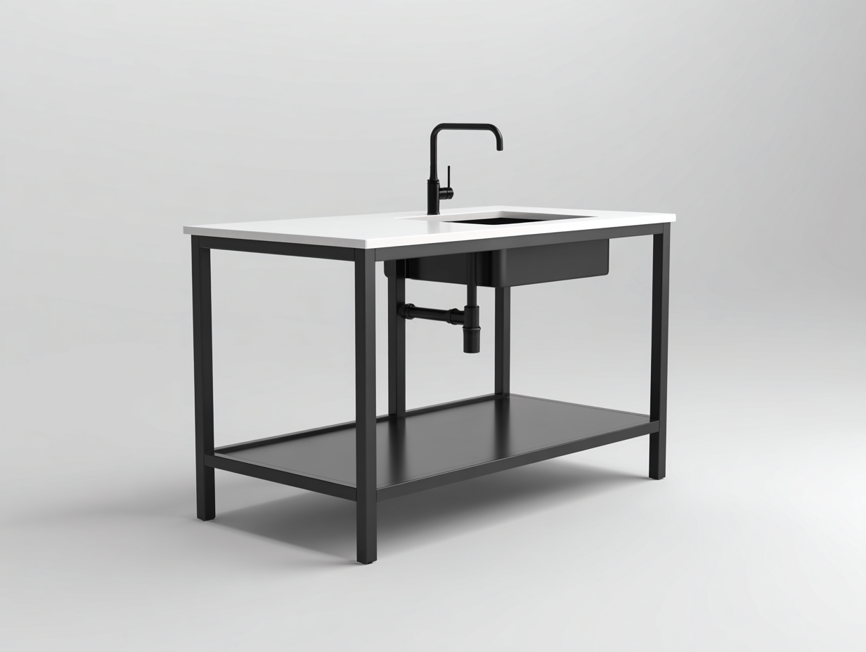 Outdoor Kitchen Island metal frame with sink 48x24x36 inches - black-white - modern utility design-Nicheano