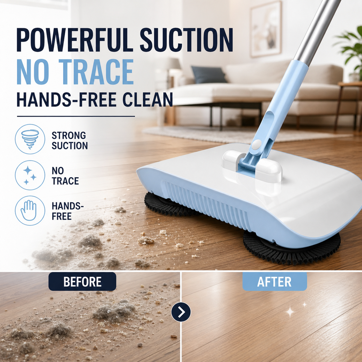 Manual Hands-Free Sweeper Broom, 3-in-1 Sweep Suction Mop Cleaner with Strong Suction Streak-Free Floor Cleaning for Pet Hair Dust Debris