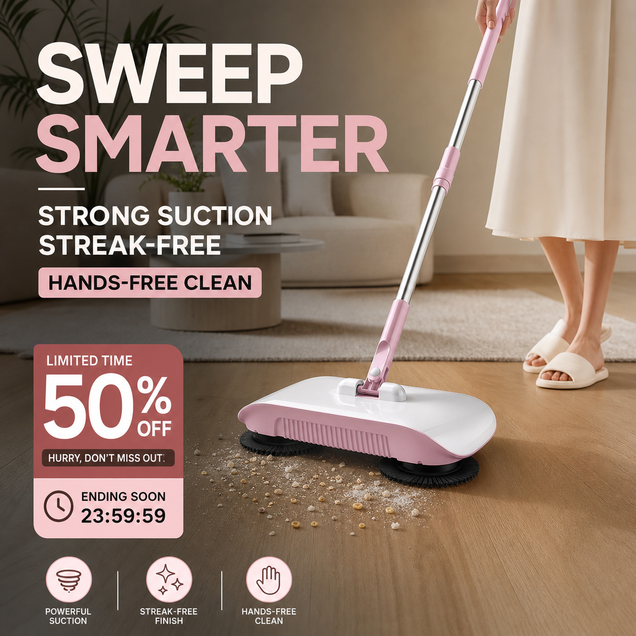 Manual Hands-Free Sweeper Broom, 3-in-1 Sweep Suction Mop Cleaner with Strong Suction Streak-Free Floor Cleaning for Pet Hair Dust Debris