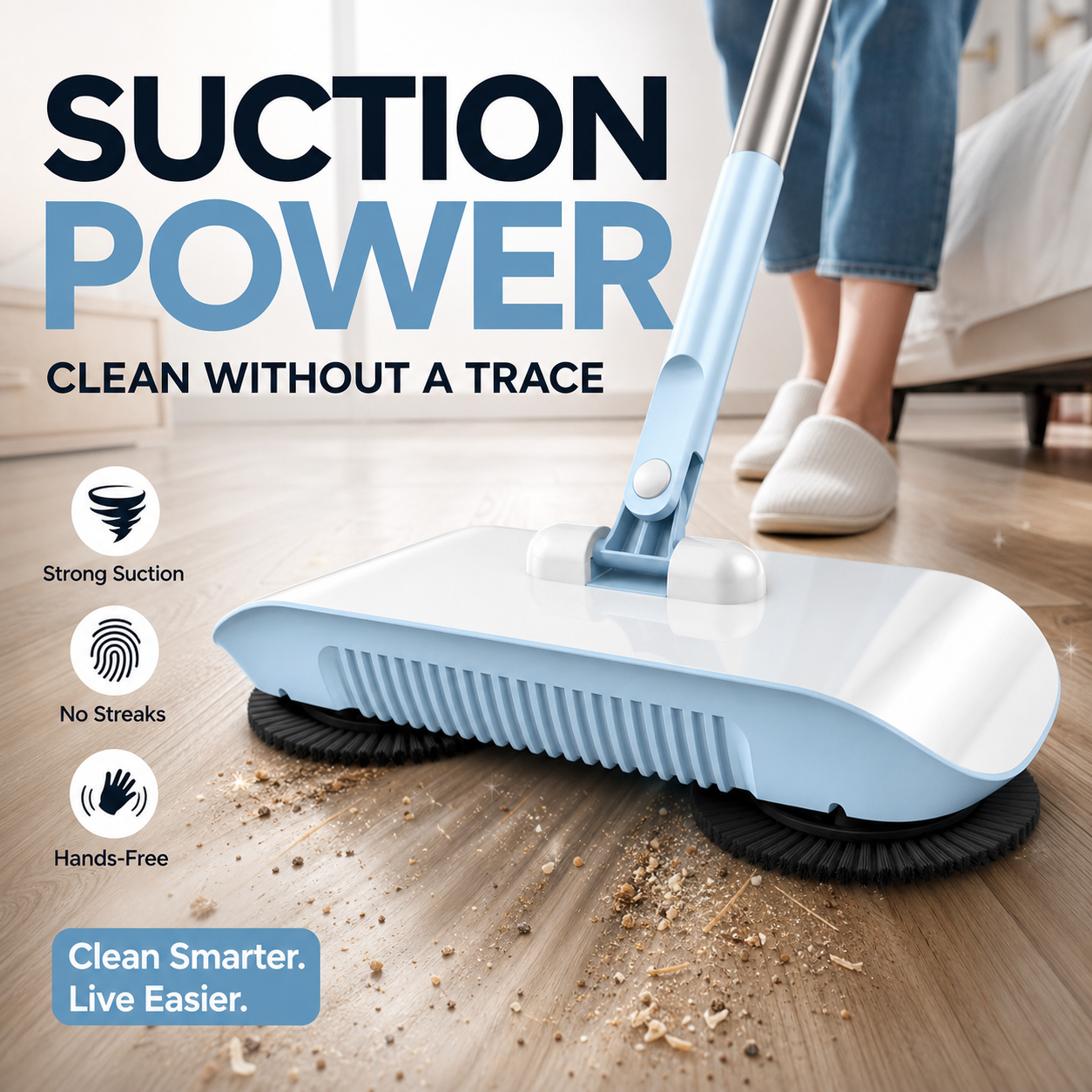 Manual Hands-Free Sweeper Broom, 3-in-1 Sweep Suction Mop Cleaner with Strong Suction Streak-Free Floor Cleaning for Pet Hair Dust Debris