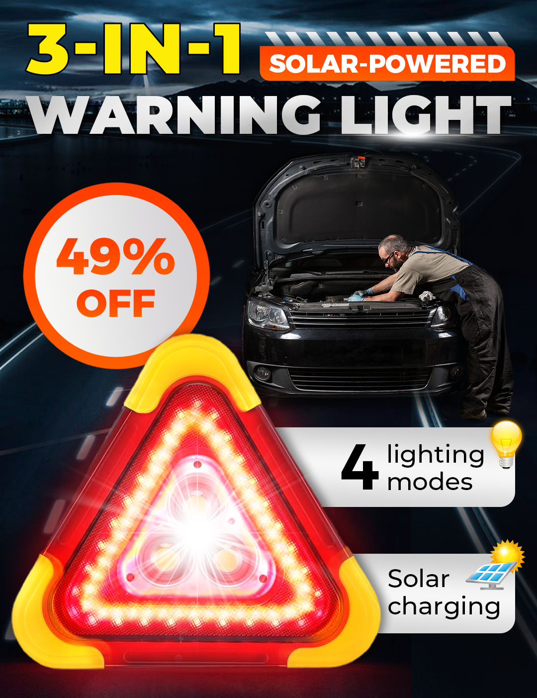 3-IN-1 solar emergency triangle warning light at the roadside📱