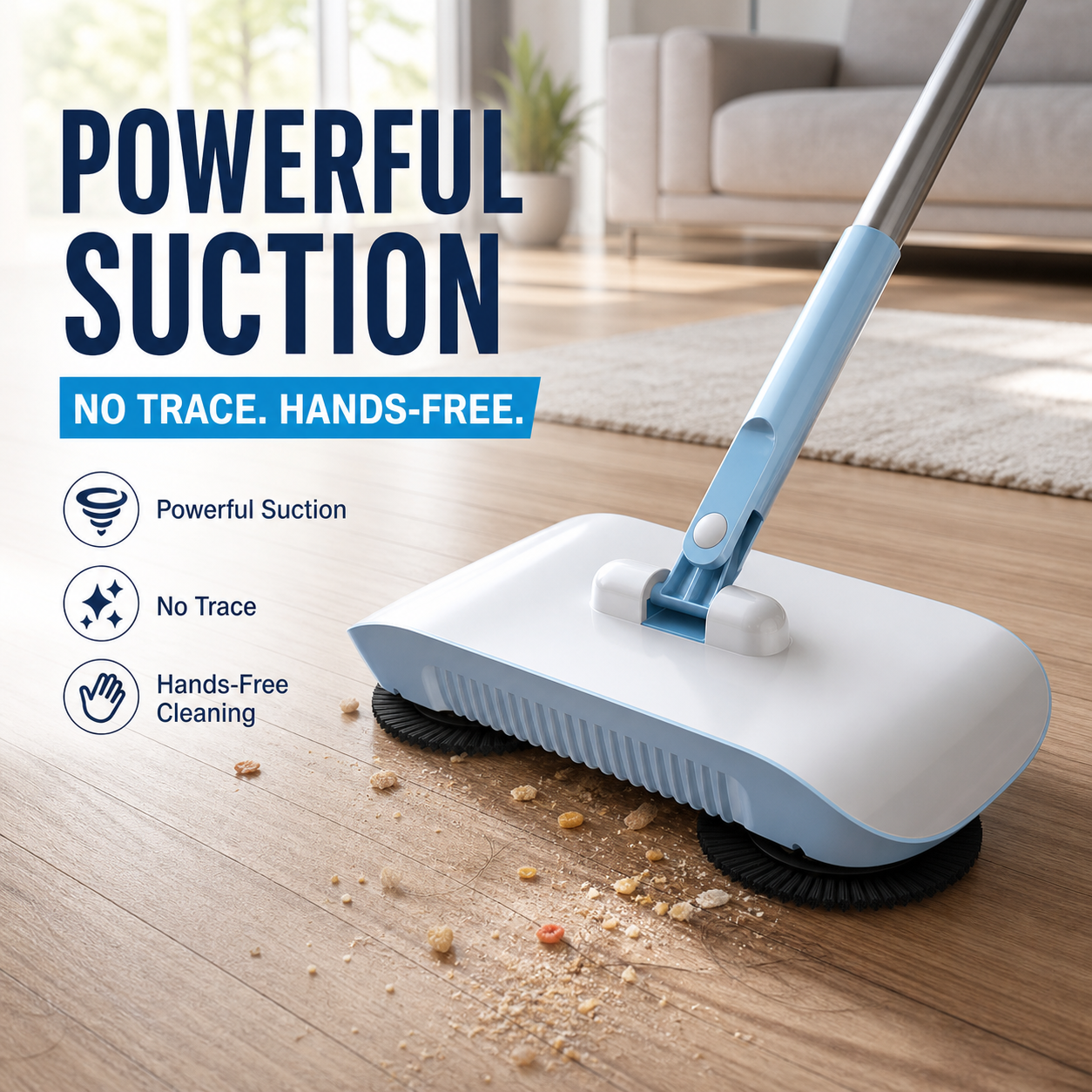 Manual Hands-Free Sweeper Broom, 3-in-1 Sweep Suction Mop Cleaner with Strong Suction Streak-Free Floor Cleaning for Pet Hair Dust Debris