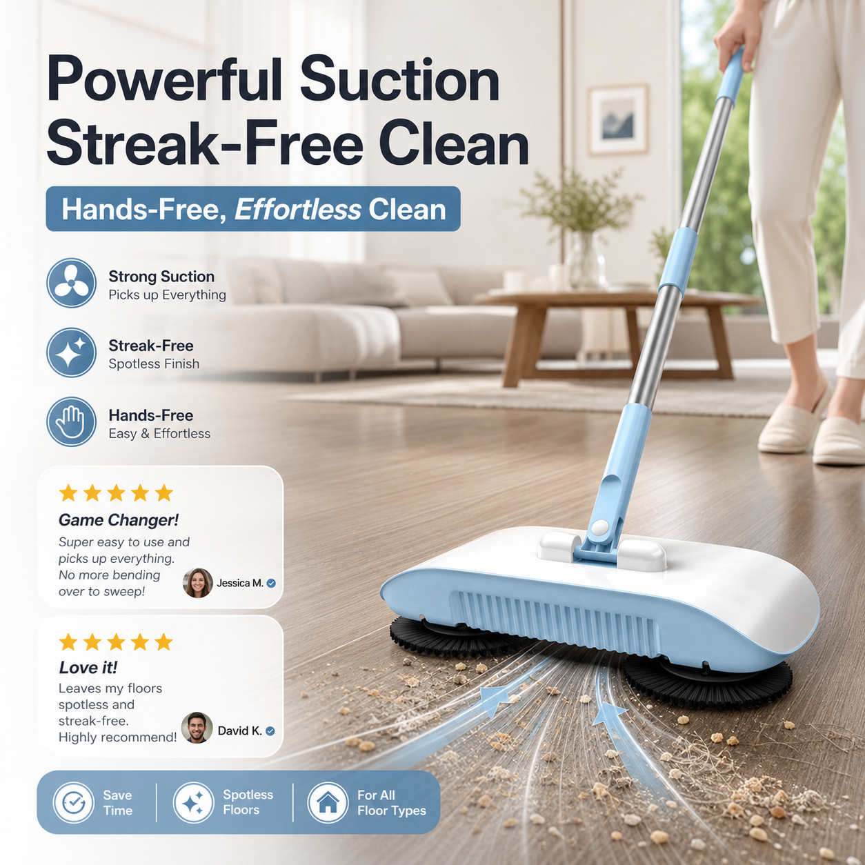 Manual Hands-Free Sweeper Broom, 3-in-1 Sweep Suction Mop Cleaner with Strong Suction Streak-Free Floor Cleaning for Pet Hair Dust Debris