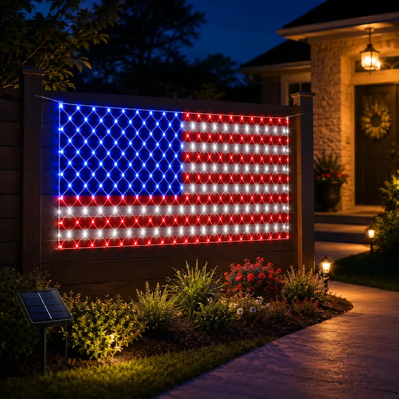 Solar-Powered National Flag Net Lights - Commemorative and Fun Outdoor Decorations
