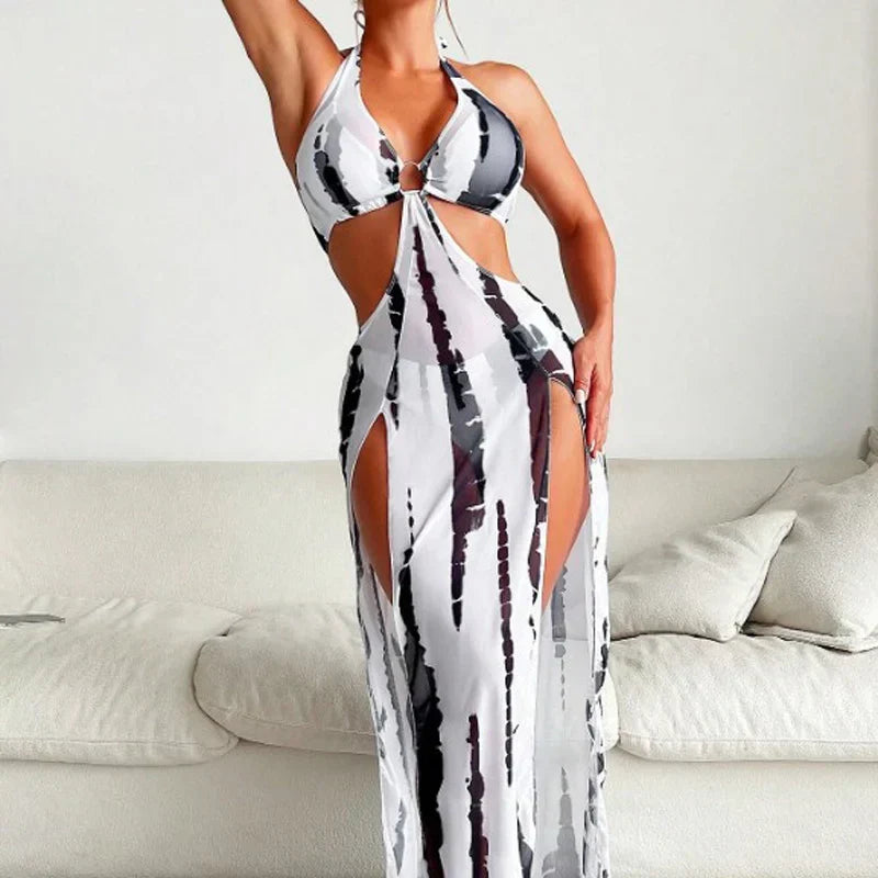 Striped Two-Piece Swimsuit – Halter Neck Tie, Ring Detail, High Stretch