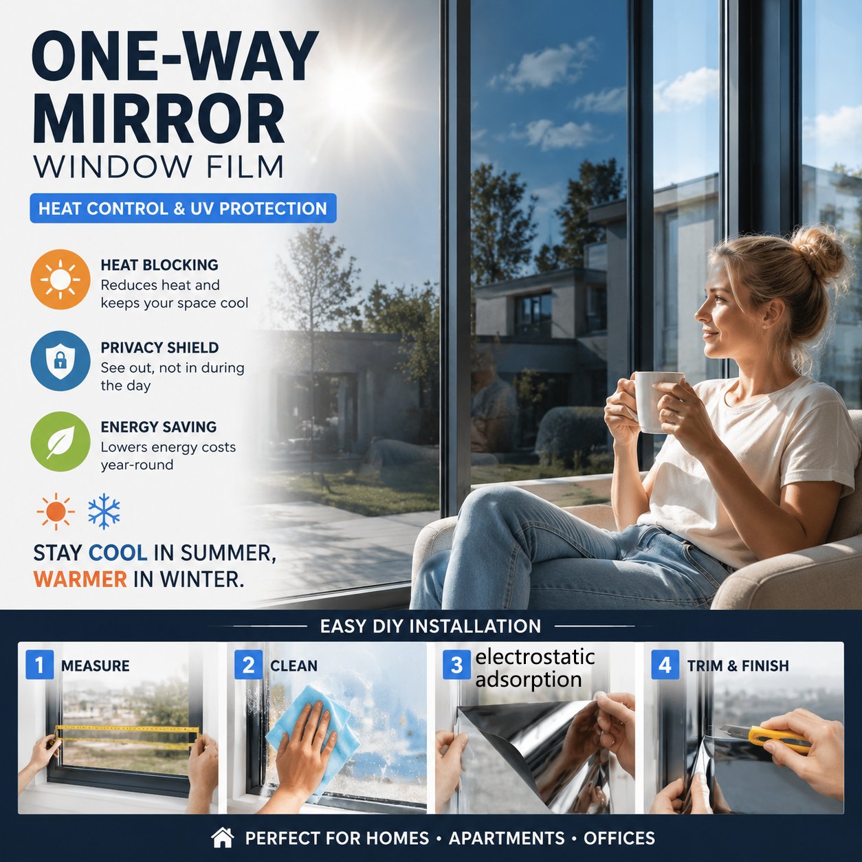  One-Way Mirror Window Film – Heat Control & UV Protection