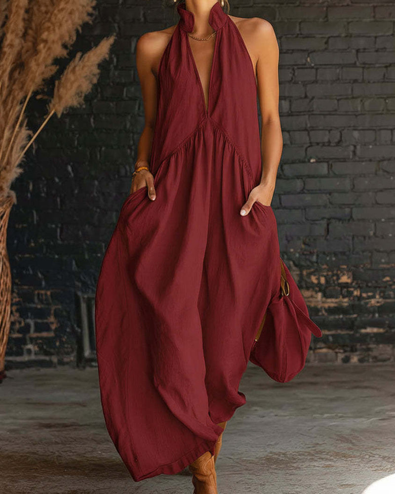 Sleeveless Stand-Collar Solid-Color Maxi Dress