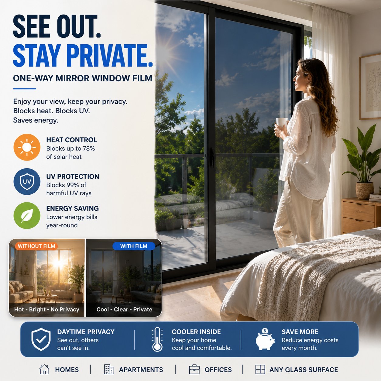  One-Way Mirror Window Film – Heat Control & UV Protection