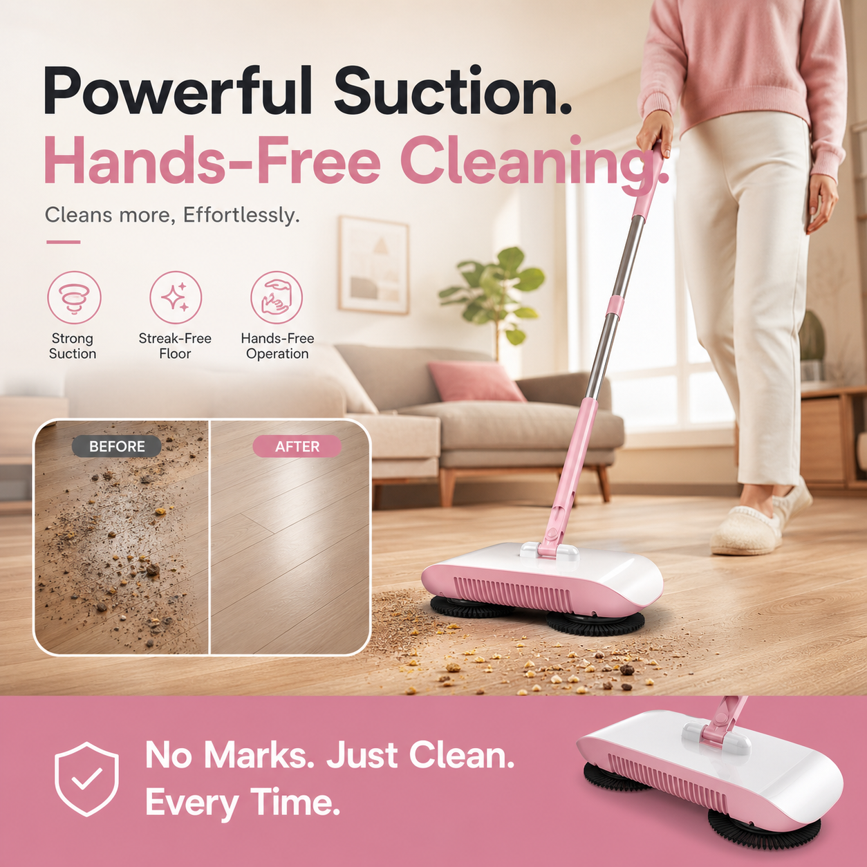 Manual Hands-Free Sweeper Broom, 3-in-1 Sweep Suction Mop Cleaner with Strong Suction Streak-Free Floor Cleaning for Pet Hair Dust Debris